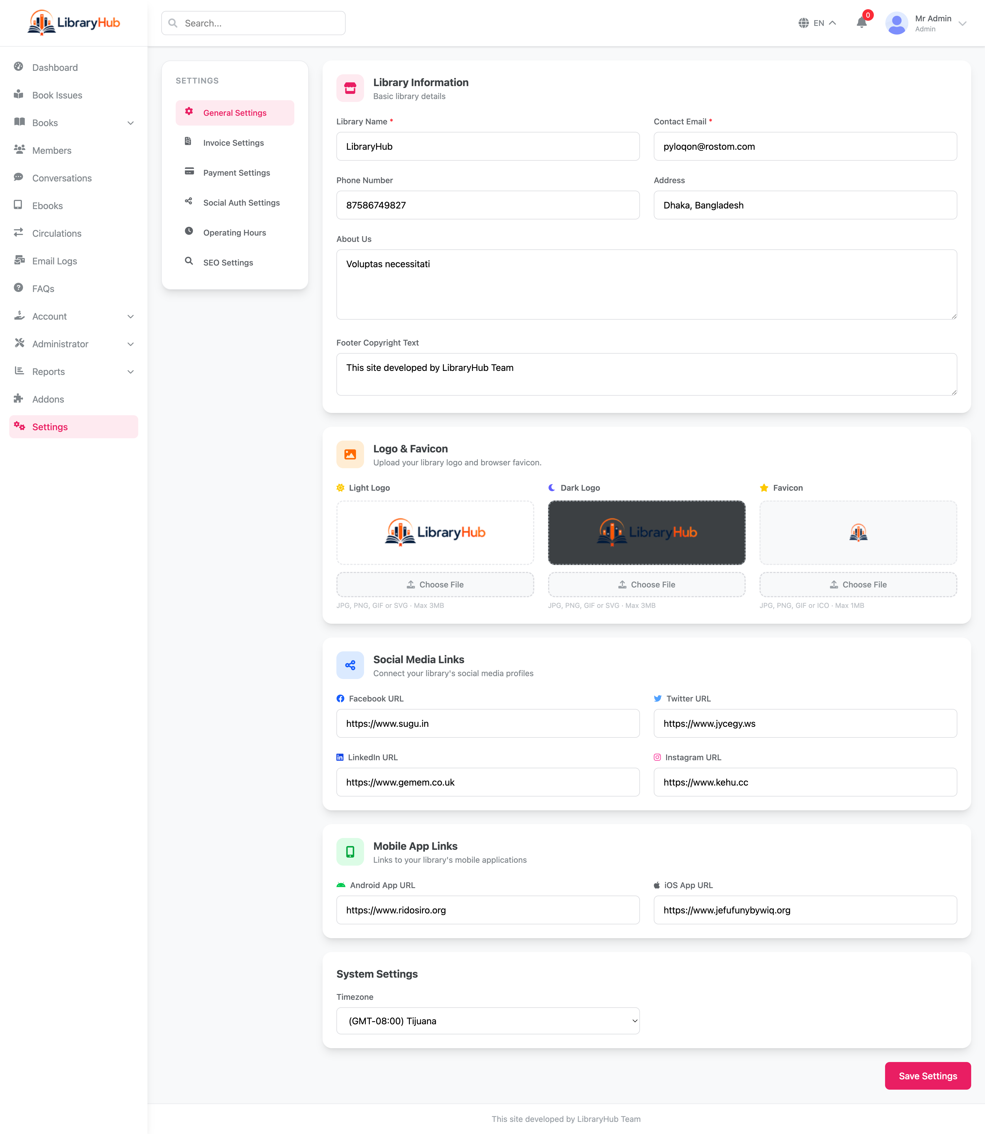 Admin general settings panel